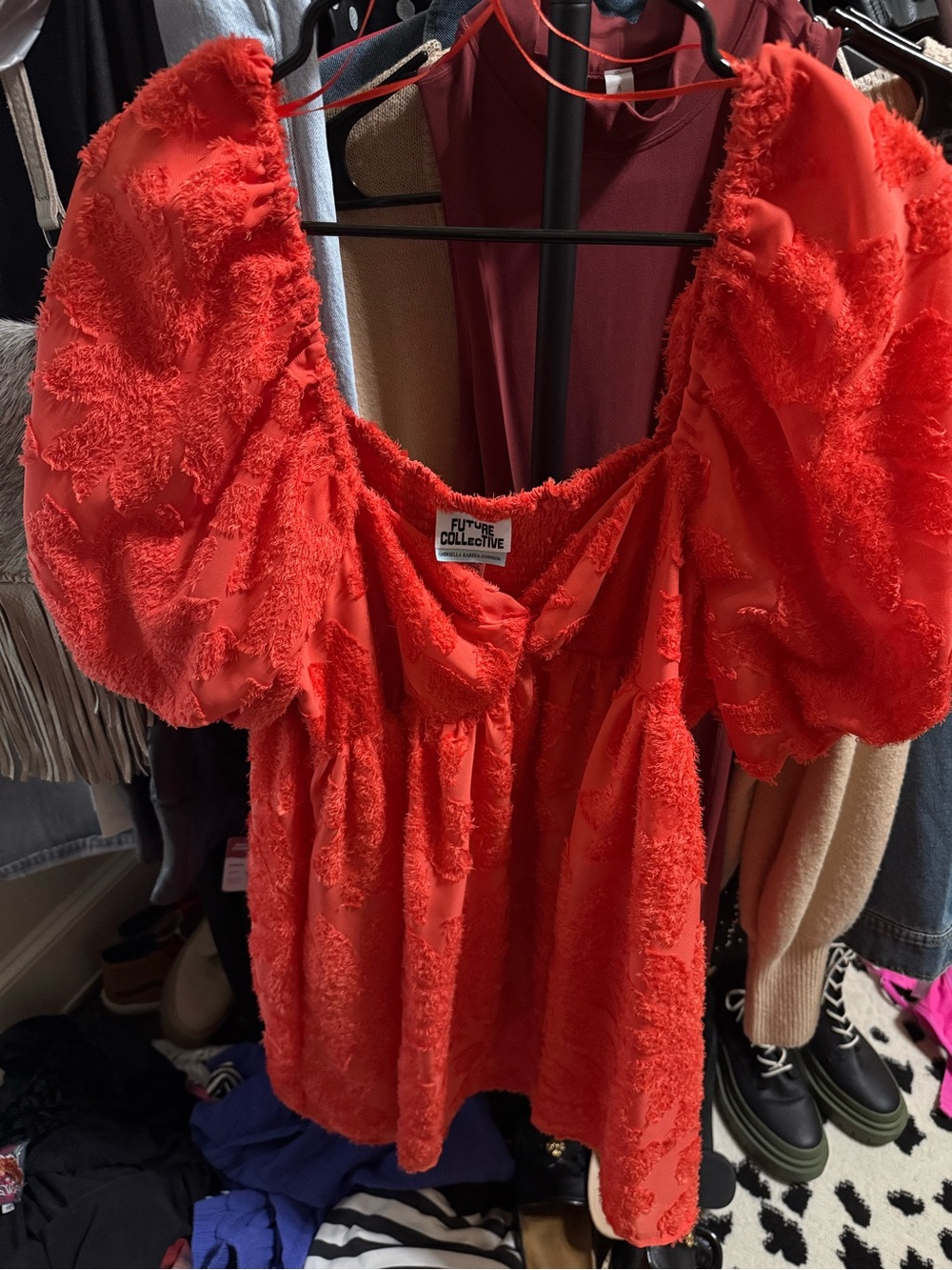 Future Collective Red Puff-Sleeve Mini Dress